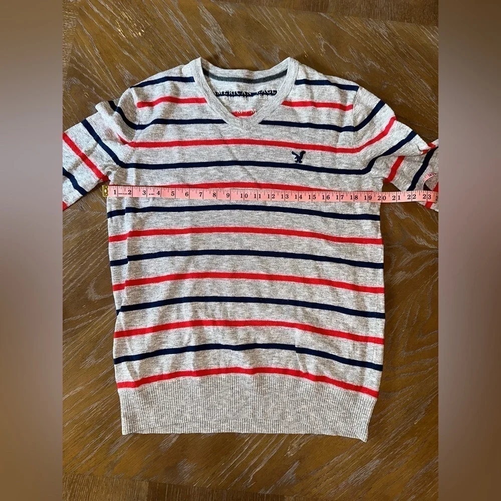 American Eagle Cotton V-Neck Sweater - Grey with Red & Blue Stripes - Size M